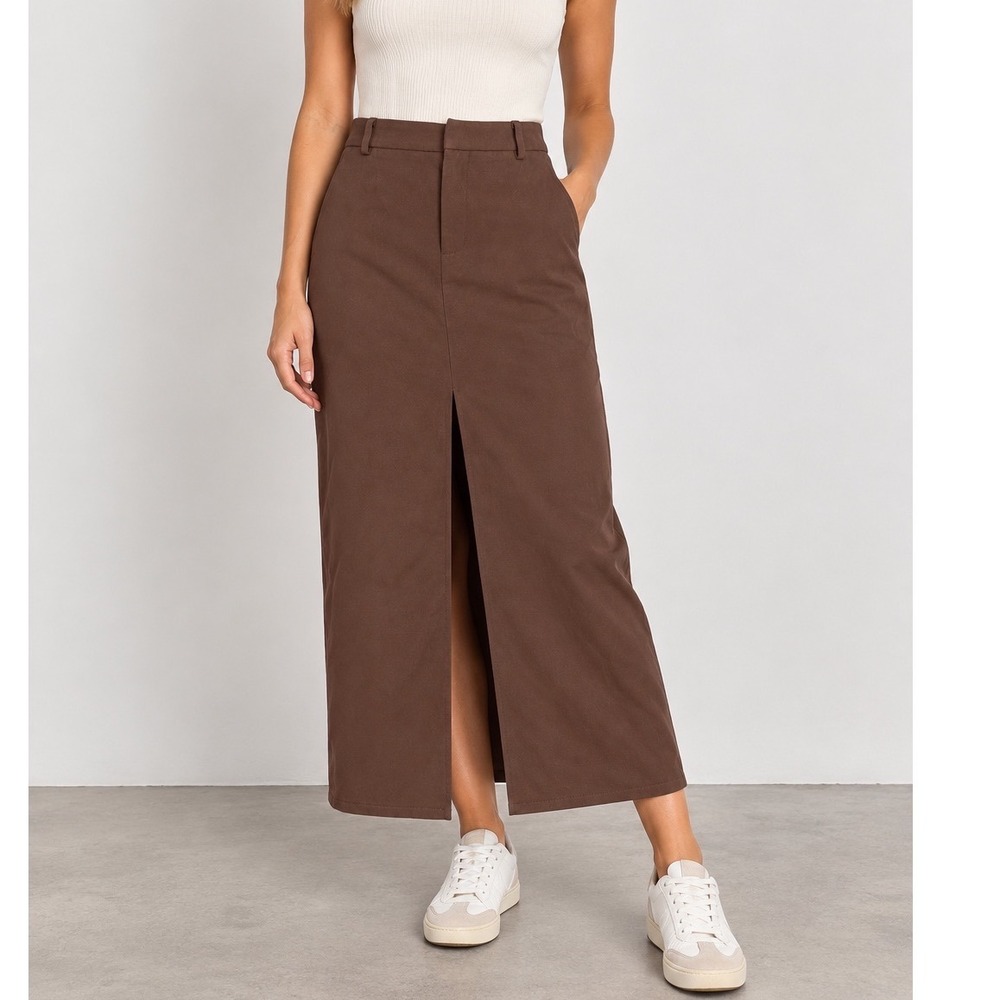Cider Brown Front Slit Maxi Skirt High Waisted Brown Size Small Quiet Luxury